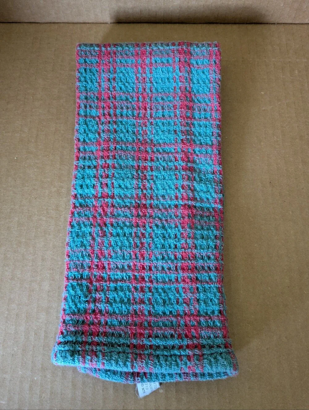 Towel Plaid Hand Towel Teal and Red 100% Cotton